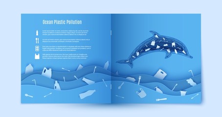 Wall Mural - Paper carve stop ocean plastic pollution blue flyer template. Sample environmental booklet. Dolphin inside plastic waste in paper cut style. Vector craft cardboard ecological poster concept.