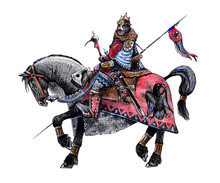 Mounted Fantasy Knight Illustration. Barbarian Rider On The Black Horse.