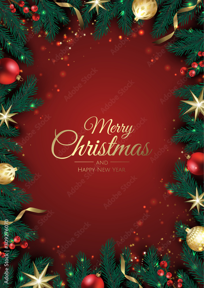 Christmas greeting card with Christmas Tree Decorations, Pine Branches ...