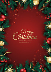 christmas greeting card with christmas tree decorations, pine branches, snowflake and confetti.
