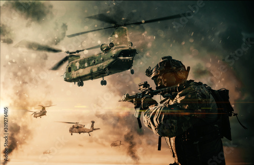 Fototapety wojskowe  helikopter-wojskowy-i-sily-miedzy-ogniem-a-pylem-na-polu-bitwy-o-zachodzie-slonca