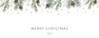 Xmas nature design border, text Merry Christmas, white background. Green pine, fir twigs, cones, stars. Vector illustration. Greeting banner template. Winter holidays forest