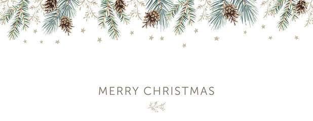Wall Mural - xmas nature design border, text merry christmas, white background. green pine, fir twigs, cones, sta