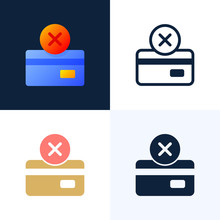 Declined Payment Credit Card Vector Stock Icon Set. Concept Of Unsuccessful Bank Payment Transaction. The Back Side Of The Card With The Cancellation Mark Is A Cross.
