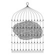 Isolated vector illustration. Human brain in a cage. Creative concept. Metaphor for self-restraint and in box thinking. Monochrome silhouette.