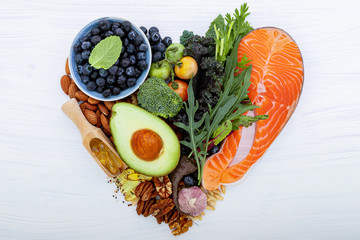 heart shape of ketogenic low carbs diet concept. ingredients for healthy foods selection on white wo