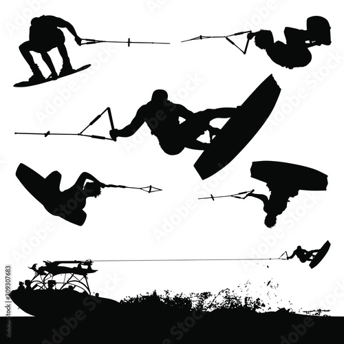 Vector wakeboarding silhouettes of in-air action and a boat pulling a wakeboa...