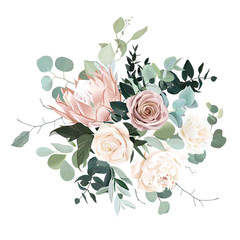 Silver sage and blush pink flowers vector design bouquet.