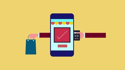 Wall Mural - Mobile ecommerce, shopping online, customer buying online with credit card, smartphone concept. 2d animation, video clip.