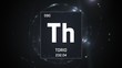 3D illustration of Thorium as Element 90 of the Periodic Table. Silver illuminated atom design background with orbiting electrons. Name, atomic weight, element number in Spanish language