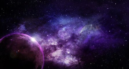  abstract space illustration, moon in shining stars in violet tones