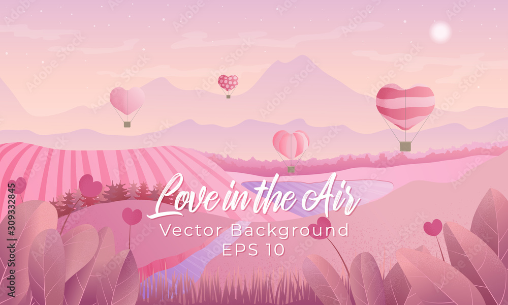 Valentines day horizontal vector background with air ballons in the sky ...