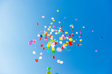 inflatable balloons in the sky released into the sky at graduation in school kindergarten. multicolo