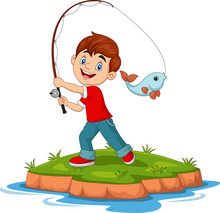 Illustration Of Cartoon Happy Boy Fishing