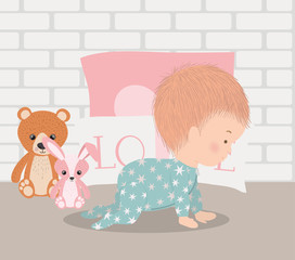 Poster - Cute baby boy with pillows vector design