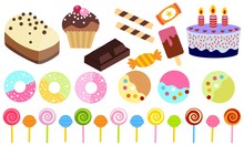 Set Of Isolated Sweets, Biscuit, Cake, Chocolate, Ice Cream Logo Vector