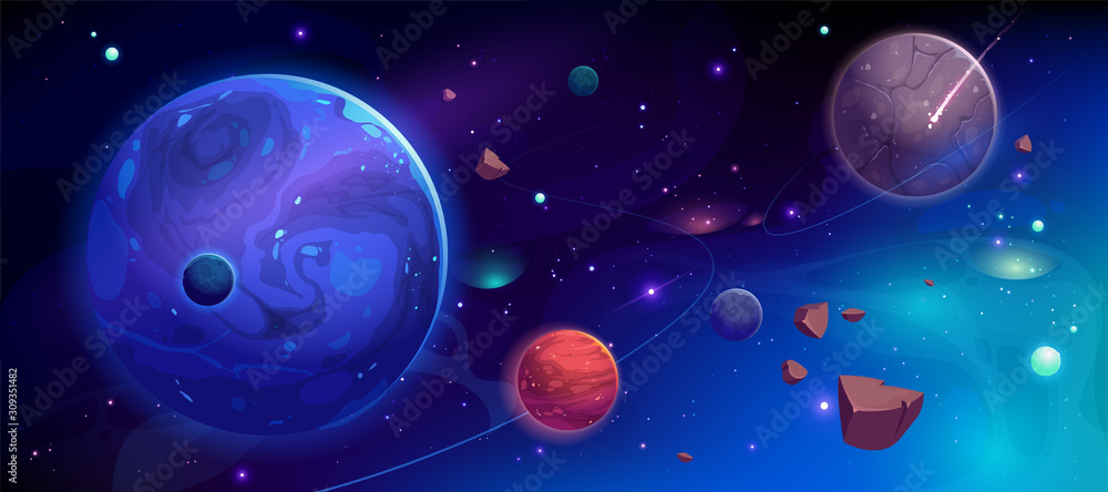 Planets in outer space with satellites, falling meteor and asteroids in dark starry sky. Galaxy, cosmos, universe futuristic fantasy view background for computer game. Cartoon vector illustration - obrazy, fototapety, plakaty 