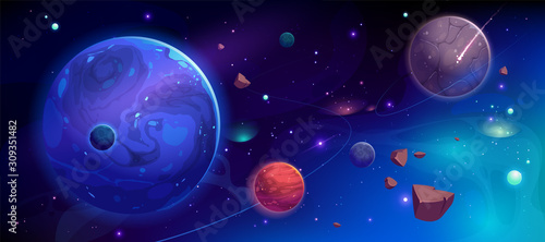 Planets In Outer Space With Satellites Falling Meteor And Asteroids In Dark Starry Sky Galaxy Cosmos Universe Futuristic Fantasy View Background For Computer Game Cartoon Vector Illustration Buy This Stock Vector