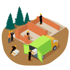 Vector isometric illustration of workers building a private brick house and unloading insulation from a truck