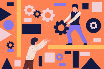 Wall Mural - Teamwork flat illustrations set. Coworkers characters communication. Team building and business partnership concepts. Businessmen people and geometrical shapes cooperation, collaboration.