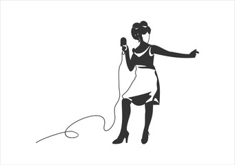 Poster - singing woman with microphone in hands illustration. musical band vocalist. line drawing