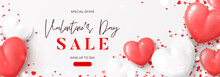 Valentine's Day Sale Horizontal Banner. Vector Illustration With Realistic Pink And White Air Balloons And Confetti On White Background. Holiday Gift Card. Promotion Discount Banner.