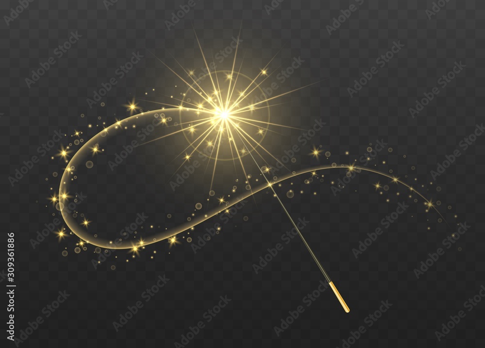 Magic wand with golden swirl and sparkles isolated on transparent background. The magic scepter with stardust trail. - obrazy, fototapety, plakaty 