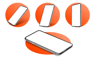 Aufkleber - Smartphone frameless blank screen, rotated position. 3D isometric of a cell phone. Smartphone perspective view. A template for an infographic or presentation with fashionable 2020 colors. Vector
