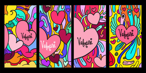 Wall Mural - Vector doodle illustration valentine greeting card for social media story background