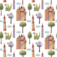 Wall Mural - Seamless pattern with castles, tower, trees and dragon. Hand drawn illustration.