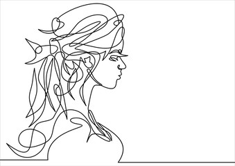 Sticker - Continuous one line drawing. Abstract portrait of romantic woman face. illustration.