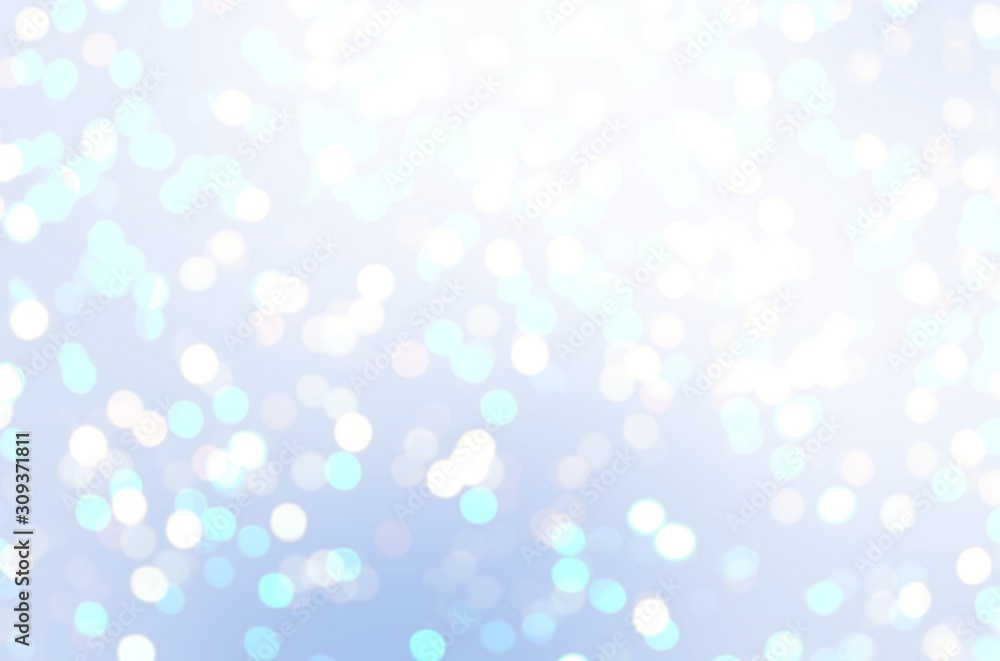 Glitter light texture. Holiday glare pastel abstraction. Bokeh blur pattern. White blue subtle background. Winter brilliance decoration.