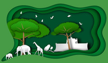 Green Frame With Wild Animal And Tractor In Forest Of Paper Art Style,vector Or Illustration With Forest Conservation Concept