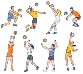 Volleyball players - men and women set of sketch vector illustration isolated.