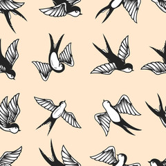 Wall Mural - Seamless pattern with swallows in old school tattoo style. For poster, card, banner, flyer.