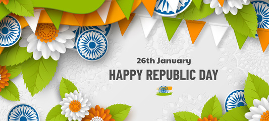 India Republic day holiday banner. 3d wheels, flowers in traditional tricolor of Indian flag. Paper cut layered art. Vector illustration.