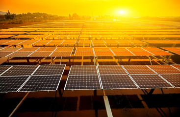 Wall Mural - Aerial outdoor solar photovoltaic base in Asia under sunset