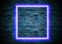 Brick Wall Background With Blue Neon Glowing Light