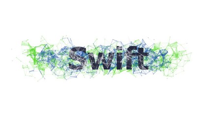 Swift language application banner with colorful plexus design. Software technology animation. Online and offline courses of coding. Website development, front end engineering design.
