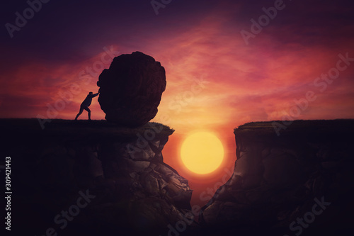 Man found solution in difficult situation, pushing a huge boulder to fill the gap obstacle. Using rock, cover the abyss hole and reach other side of the cliff. Mission accomplishment, overcome concept