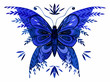 Detailed watercolor illustration of a butterfly in classic blue colors (Panton 2020) There are fragments of branches with leaves on her wings.