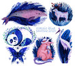 Watercolor set of animals in classic blue colors (Panton 2020). Hand drawn illustration of a stork, whale, panda, butterfly, deer and muskrat in blue branches on a white background.