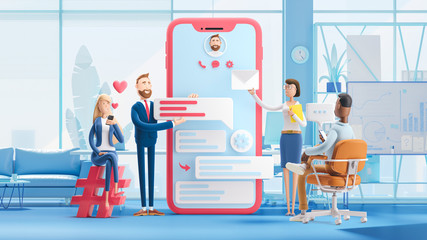 Wall Mural - application development and social media concept. 3d illustration. cartoon characters. business team