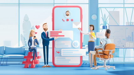 Wall Mural - application development and social media concept. 3d illustration. cartoon characters. business team