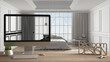 © ArchiVIZ - Architect designer project concept, wooden table with keys, 3D letters bedroom design and desktop showing draft, white sketch in the background, bedroom, carpet and window interior