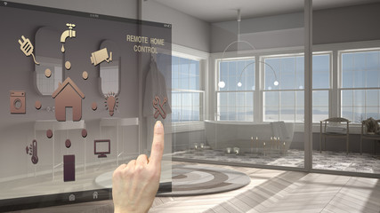 Smart home control concept, hand controlling digital interface from mobile app. Blurred background showing modern white and wooden scandinavian bathroom, architecture interior design