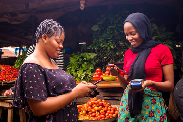 african woman shopping food stuff in a local market paying by doing mobile transfer via phone for a 