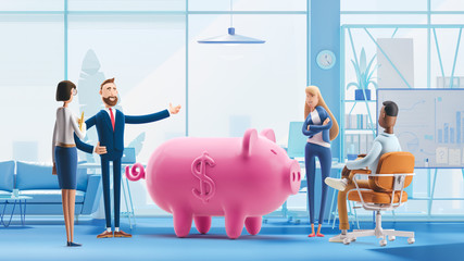 Deposit. Piggy bank. Bank team. 3d illustration.  Cartoon characters. Business teamwork concept. 