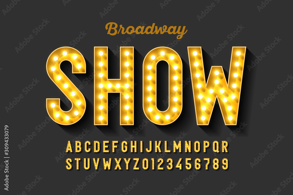 Broadway style retro light bulb font, vintage alphabet letters and numbers - obrazy, fototapety, plakaty 