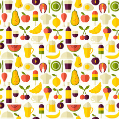 Seamless food, sweets and drink background, flat style. Menu pattern.